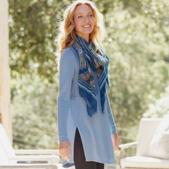 Women's J. JILL Grace Side Slit Long Tunic Sweater Smoke‎ Blue- Size Large - Picture 1 of 9